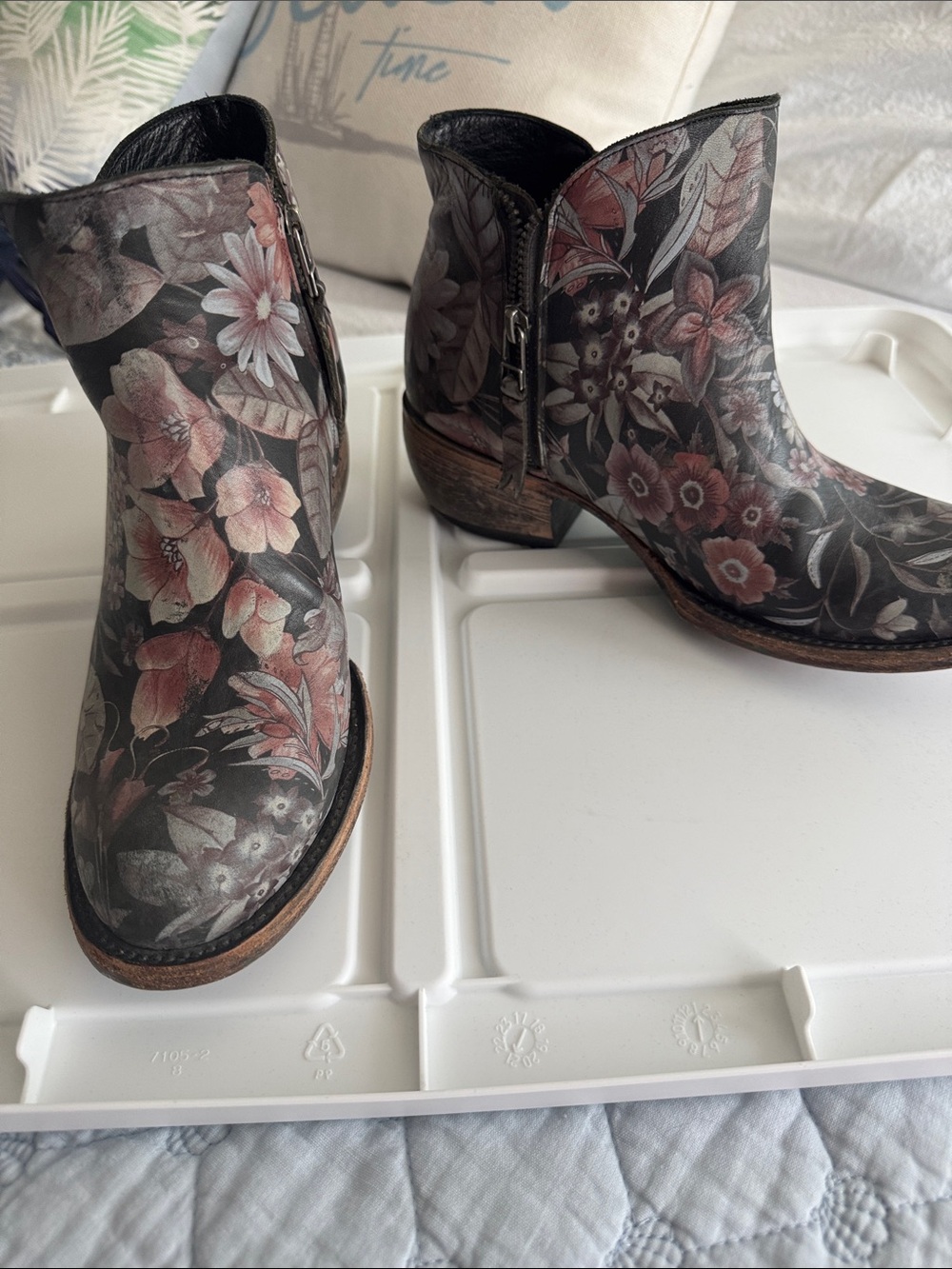 Floral Print Ankle Booties - Black/Pink